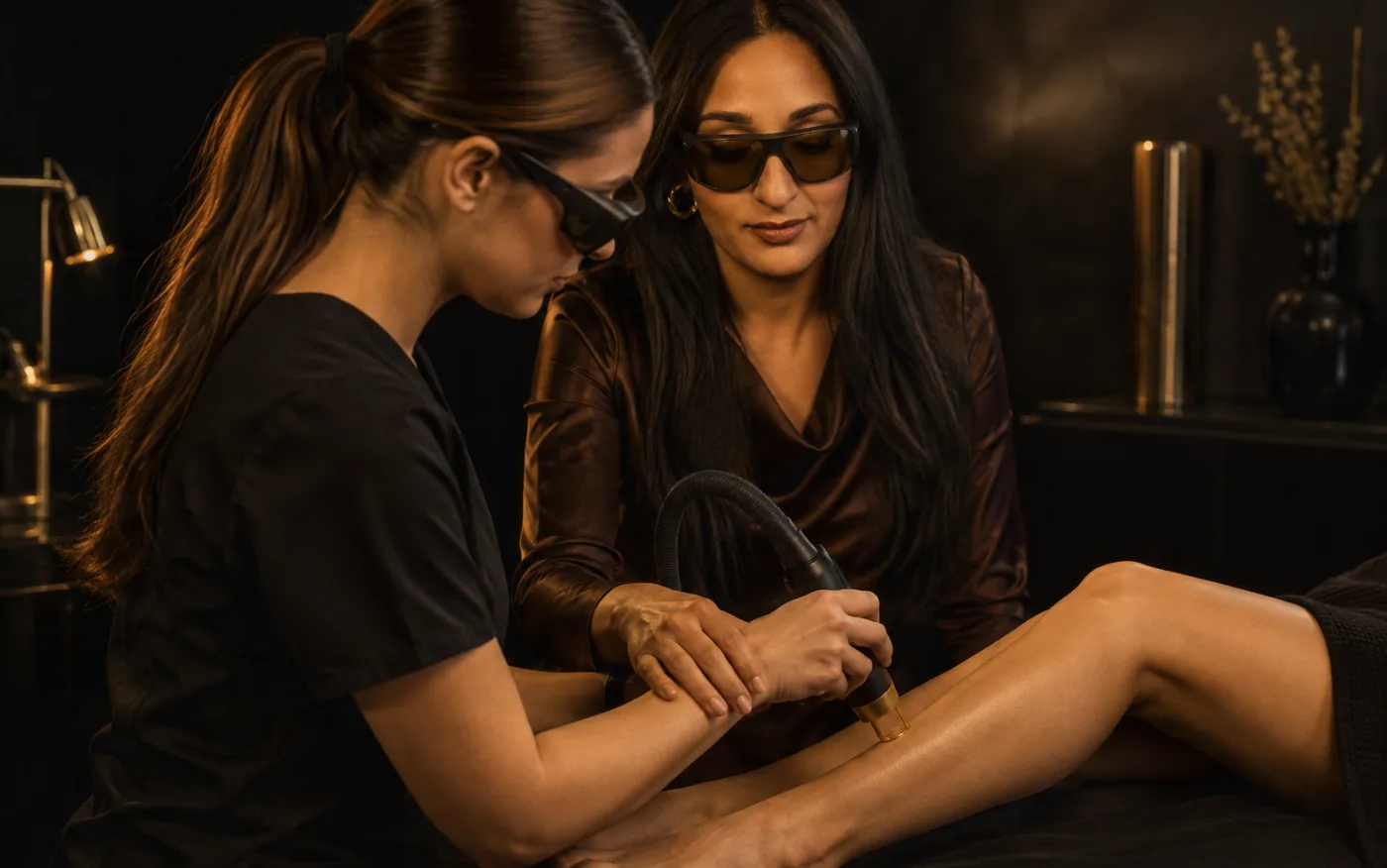 A student practising on a live model with the instructor guiding her hand