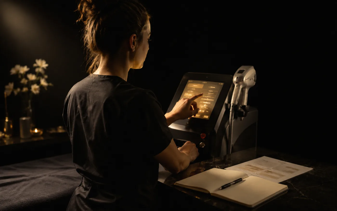 A student setting treatment parameters on the laser console